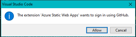Visual Studio Code dialog to authorize GitHub access