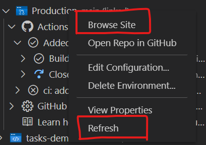 Screenshot of options for static web app with Browse Site and Refresh highlighted