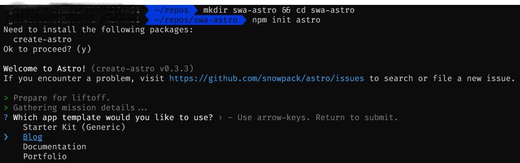 Screenshot of astro wizard with Blog selected