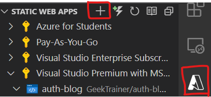 Screenshot of the Azure Static Web Apps extension, with the Azure and new icons highlighted